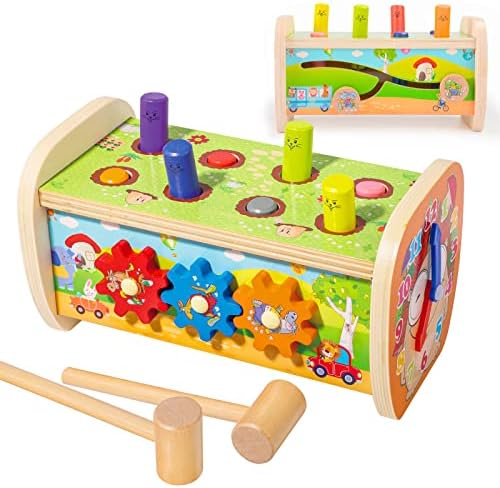 7 & 1 צעצועי פטיש מעץ מונטסורי | צעצועי פיתוח חושיים מוקדמים לתינוקות עם הילוכים, שעון דיגיטלי ומראה | מיומנויות